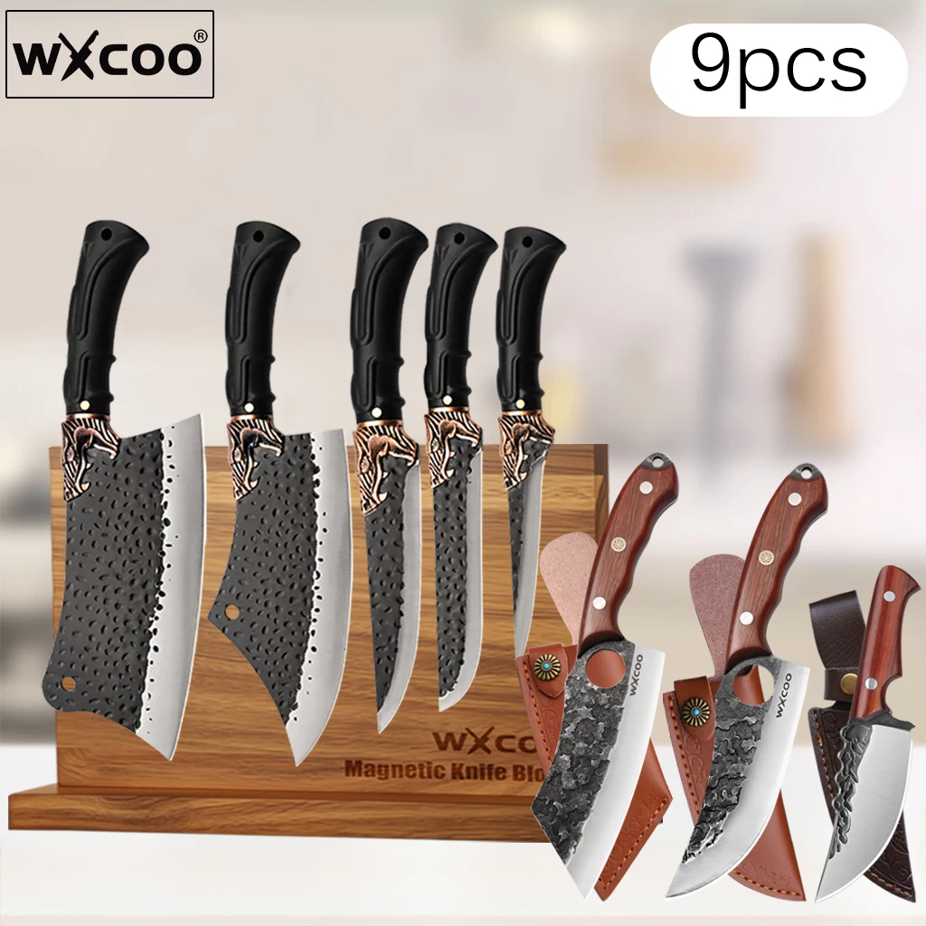 WXCOO Forged Kitchen Boning Knife Kitchen Meat Cleaver 5Cr15MOV Stainless Steel Kitchen Knife Double-sided Magnetic Tool Holder