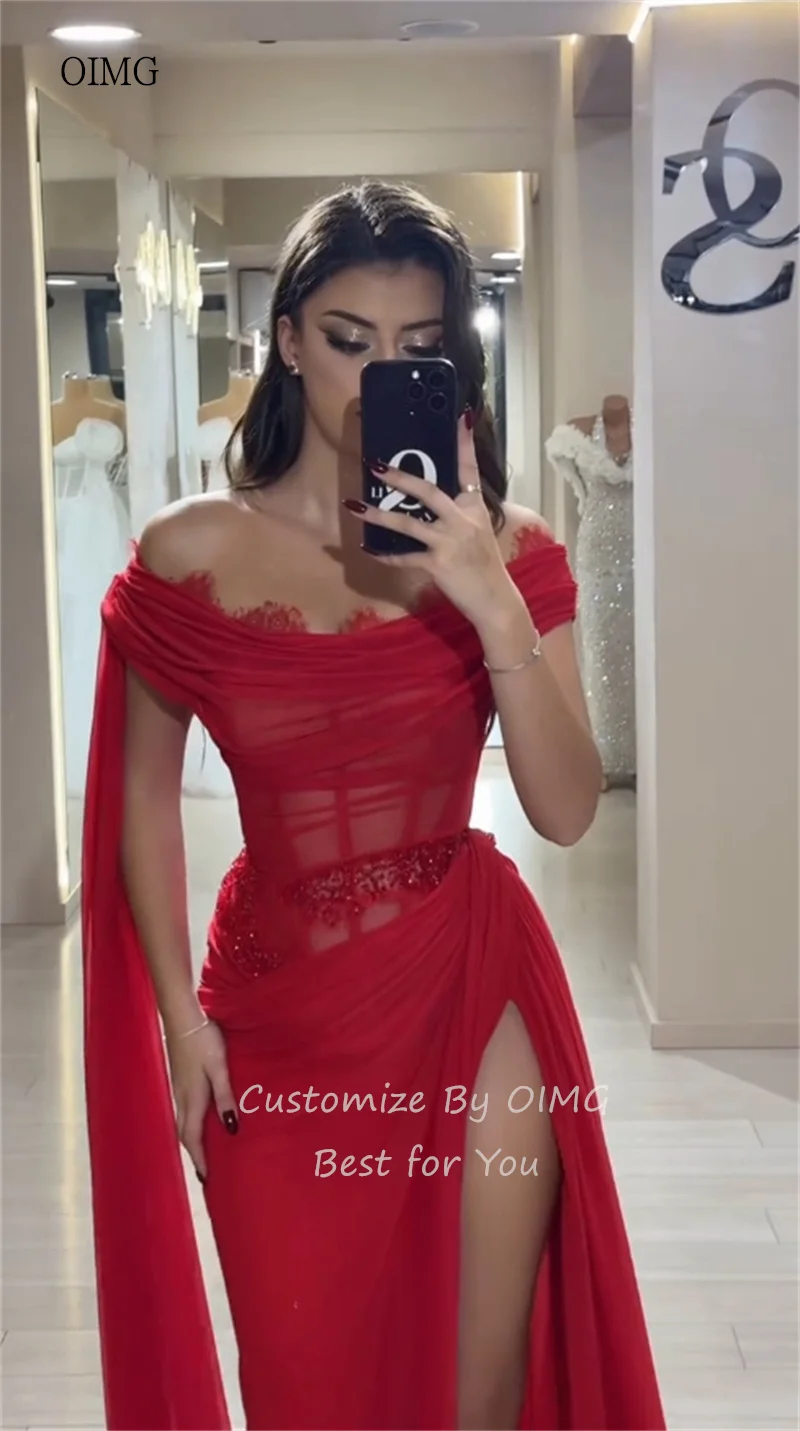 فستان سهرة من OIMG Airy باللون الأحمر قبالة الكتف حورية البحر فساتين حفلات شيفون بفتحة جانبية طول الأرض 2026 مخصص #2