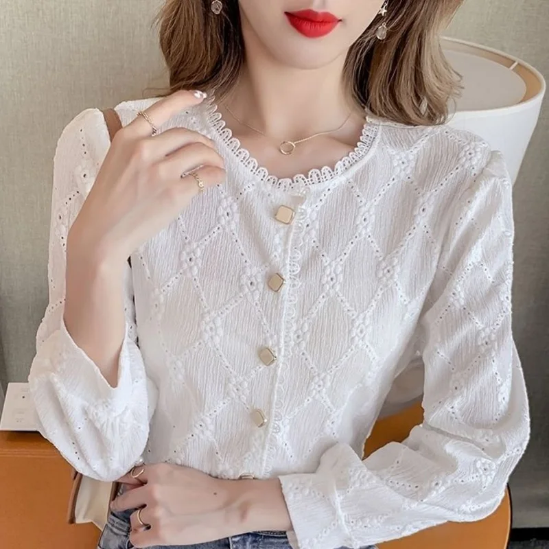Casual Office Lace Flower Side Blouse Women New Long Sleeve Classic Embroidered Personality Button O-collar Slim Lady Shirt 2022