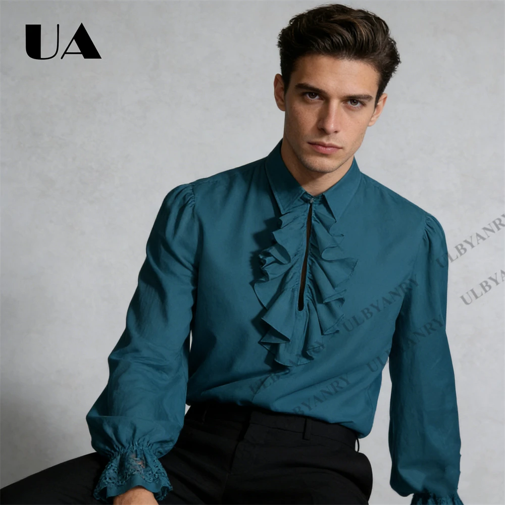 

Teal Ruffled Front Blouse Men's Victorian Style Shirt with Puff Sleeves for Retro Streetwear Themed Party Casual Chic Outfit