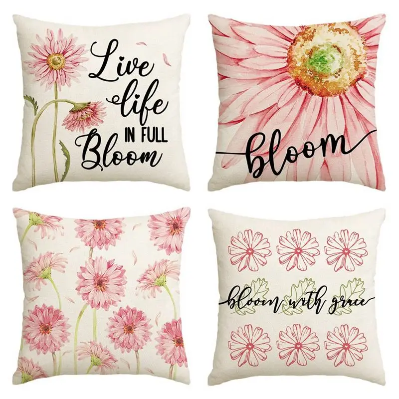 Spring Pillow Covers 18X18 Set Of 4, Spring Decorations Flowers Farmhouse Throw Pillow Covers Home Couch Decor