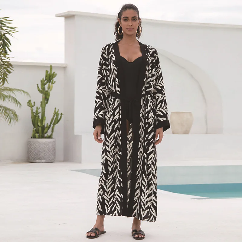 

Fashion Vacation Dress Kimono Gown Casual Homewear Lady Summer Swimsuit Cover Up Cardigan Print Bathrobe Cotton Robes