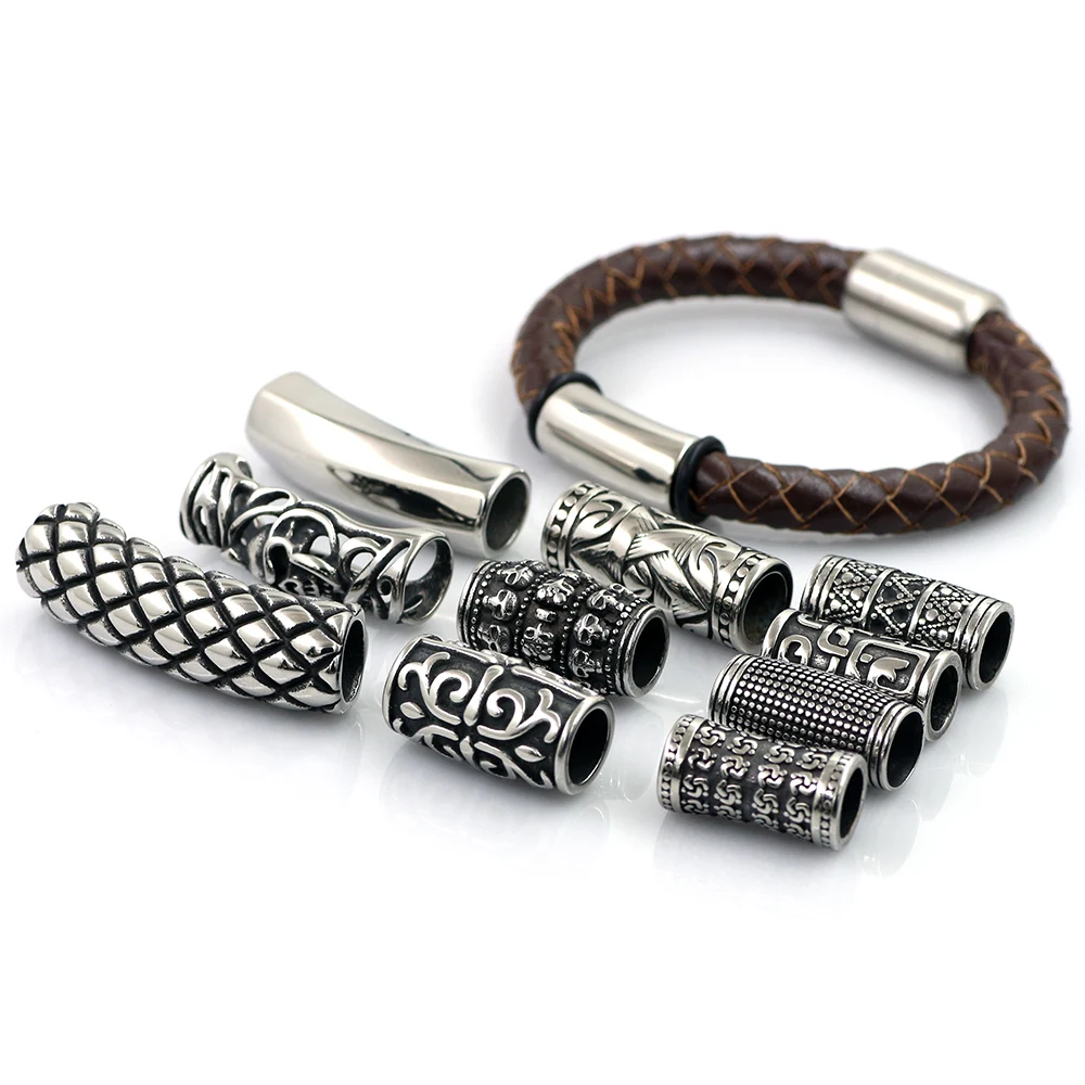 2pcs Stainless Steel Slider Skull Viking Punk 8-9mm Tube Bead Slide Charms Round Leather Rope DIY Men Jewelry Making Supplies