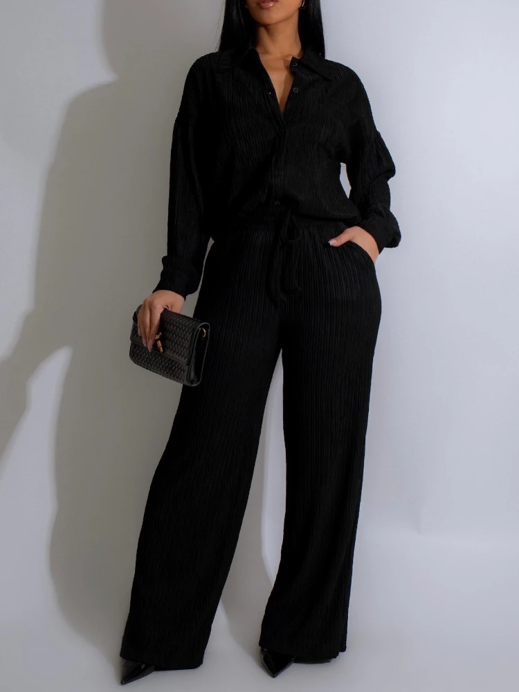 

Pant Set Women Two Piece Sets Lace Up Wide Leg Pants Lace Up Elastic Waist Turn Down Collar Full Sleeve Shirt Pleated Spring