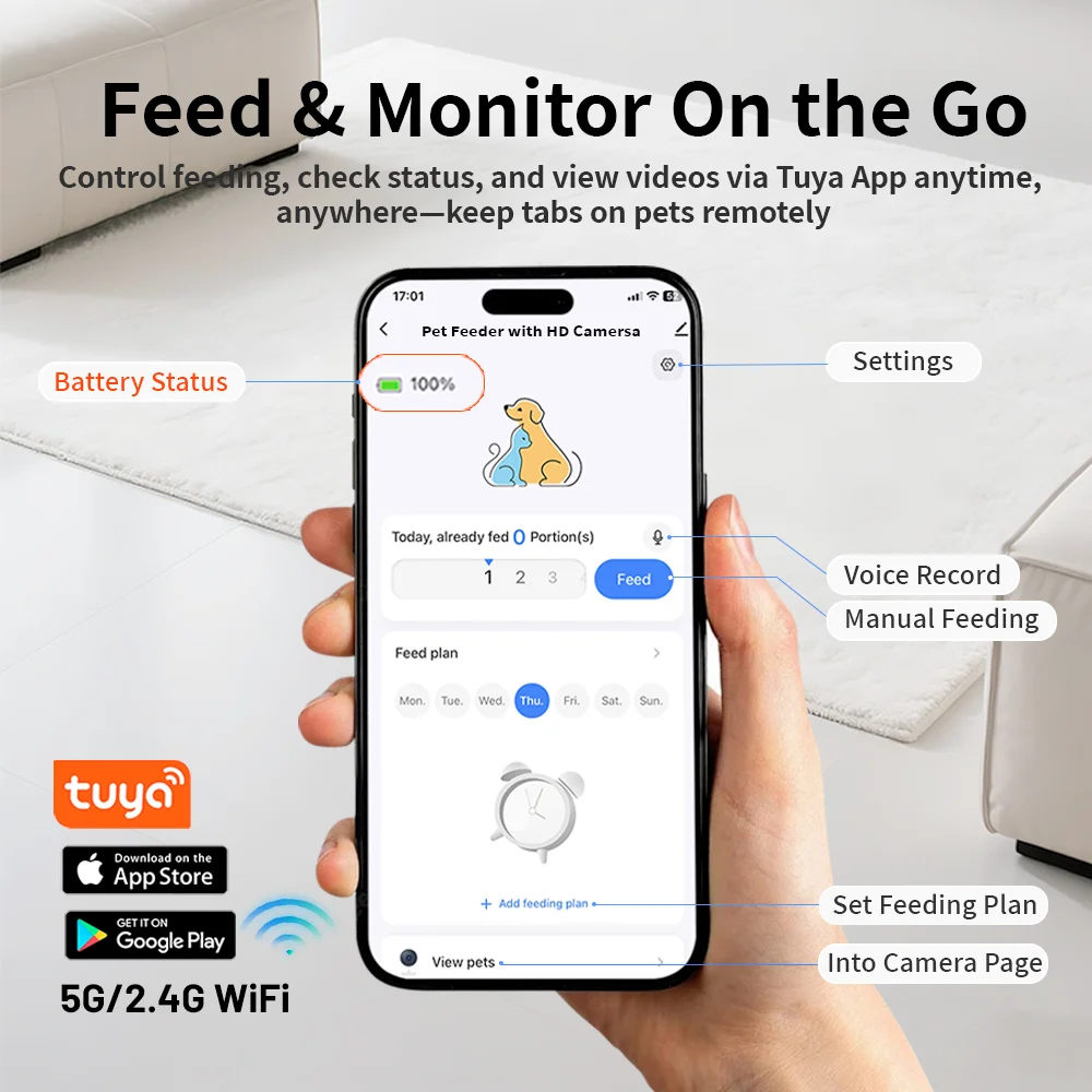 Smart Automatic Pet Feeder with 1080P HD Camera 15cm Elevated 5G WiFi Tuya APP Furpipi Control Automatic Cat Dog Food Dispenser