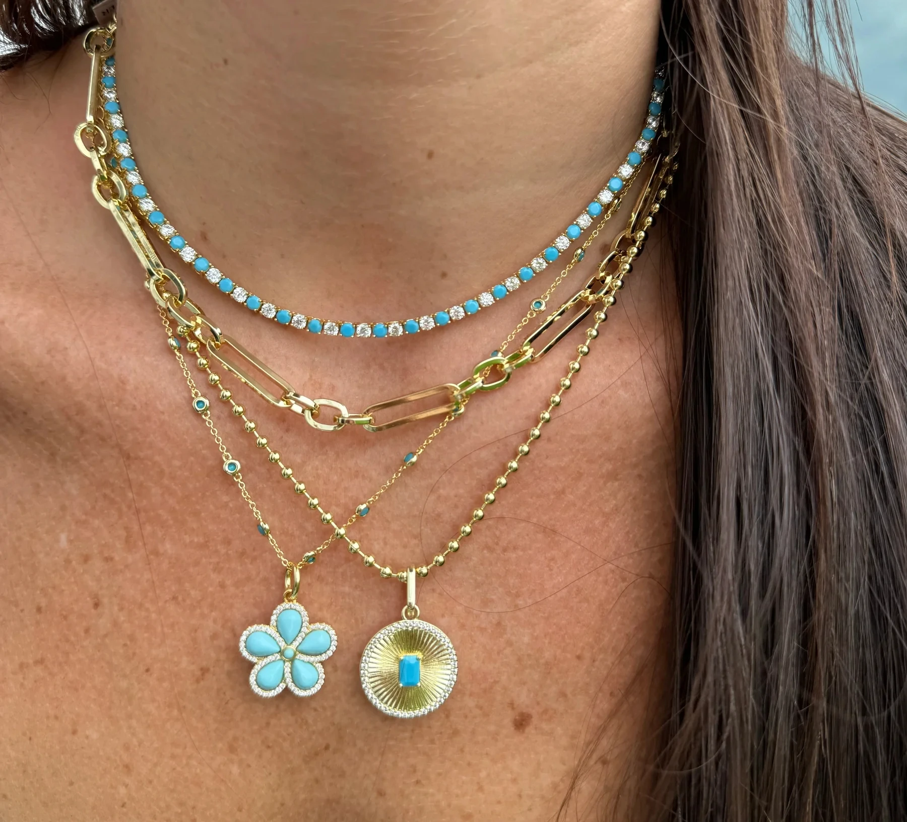 Tennis Chain Choker Necklace High Quality Collar For Women Paved 5A White CZ Blue Turquoises Stone Jewelry