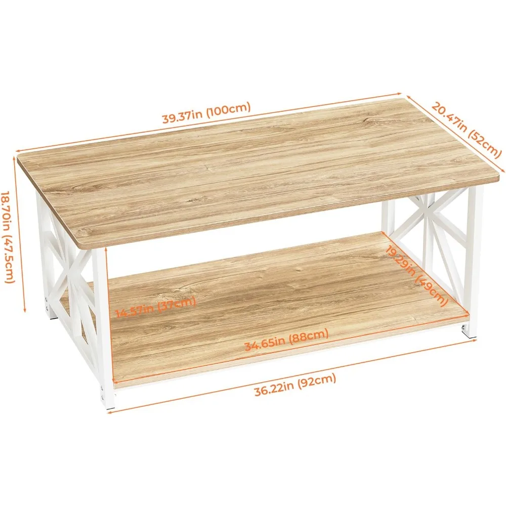 Farmhouse-Style GreenForest Coffee Table with Rounded Edges and Dual-Tier Storage Shelf, X-Frame Living Room Centerpiece, 39 Inc