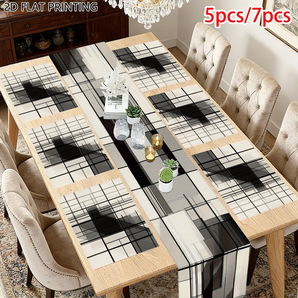1pc Geometric Abstract Theme Black White Line Grid Table Runner And Placemat For Home Restaurant Banquet Event Table Decor