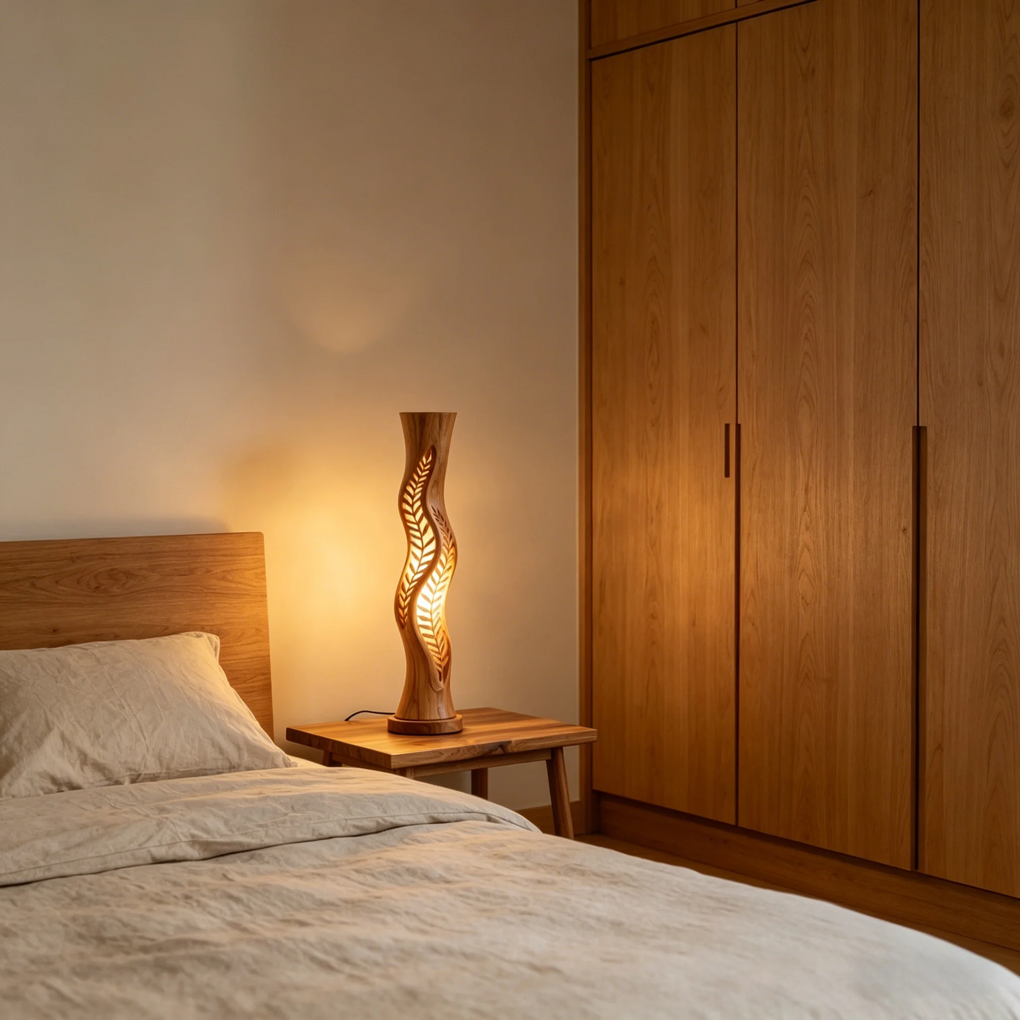 Wood Craft Solid Wood H100cm Freestanding Table Lamp Carved Leaf Pattern Twisted Oak Lighting For Decorative Spaces