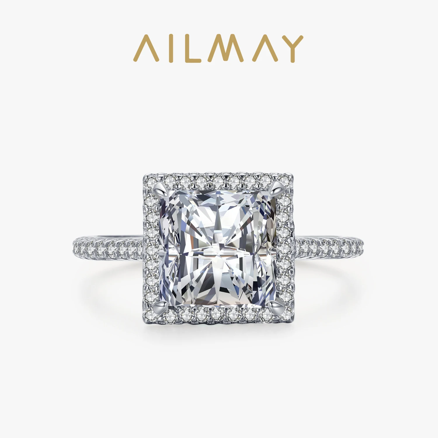 Ailmay Fashion Luxury Princess Square Clear CZ Rings For Women Classic 925 Sterling Silver Romantic Wedding Accessories Jewelry