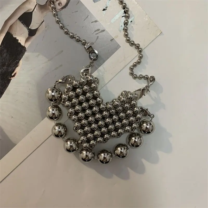 Silver Pearls Casual Heart Fashion All-match Small Crossbody Bags for Women Purse and Handbags Elegant Korean Version