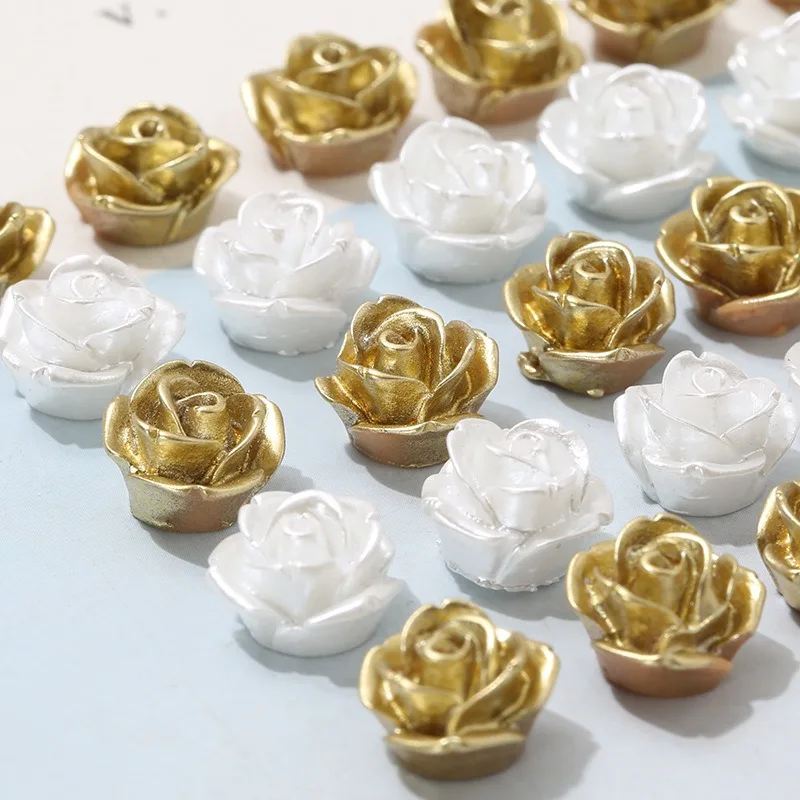 30 pz 11mm Sparkle Shiny Gold Pearl Resin Rose Flower Flatbacks artigianato fai da te abbellimento Cabochon per Scrapbooking Cardmaking