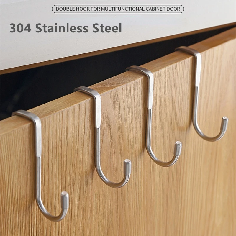 S-Shape Cabinet Door Hook 304 Stainless Steel Hanger Key Storage Hook Punch-Free Home Kitchen Bathroom Door Rear Organizer