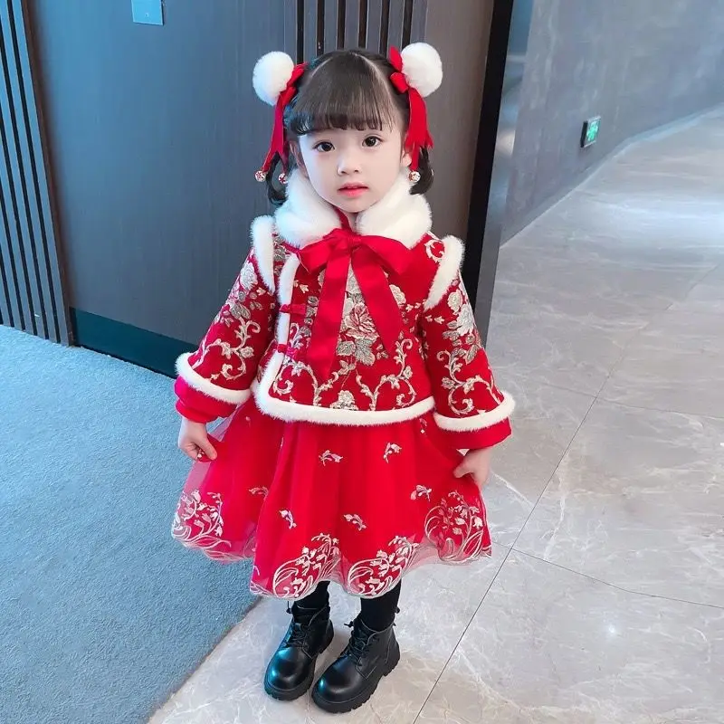 New red Chinese New Year clothes women\'s Hanfu winter clothes children\'s Tang suit baby plus velvet padded dress Christmas dress