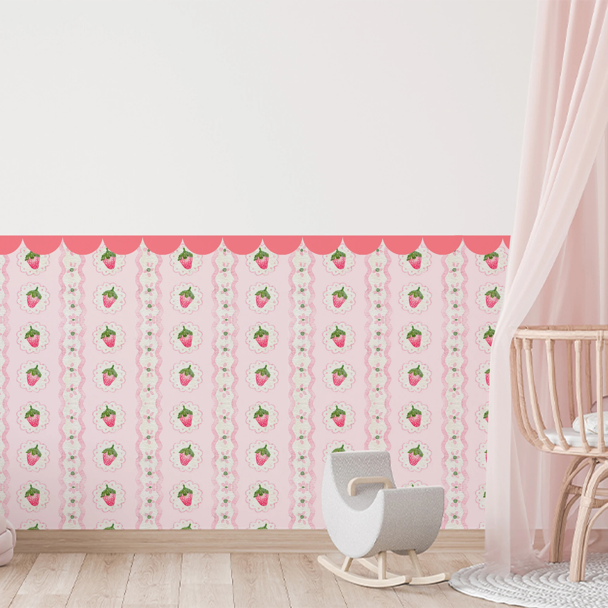 

Pink Strawberry Wavy Scalloped Wallpaper Nursery Child Room Kids Room Girls Bedroom Decal Waterproof Peel & Stick Living Decor