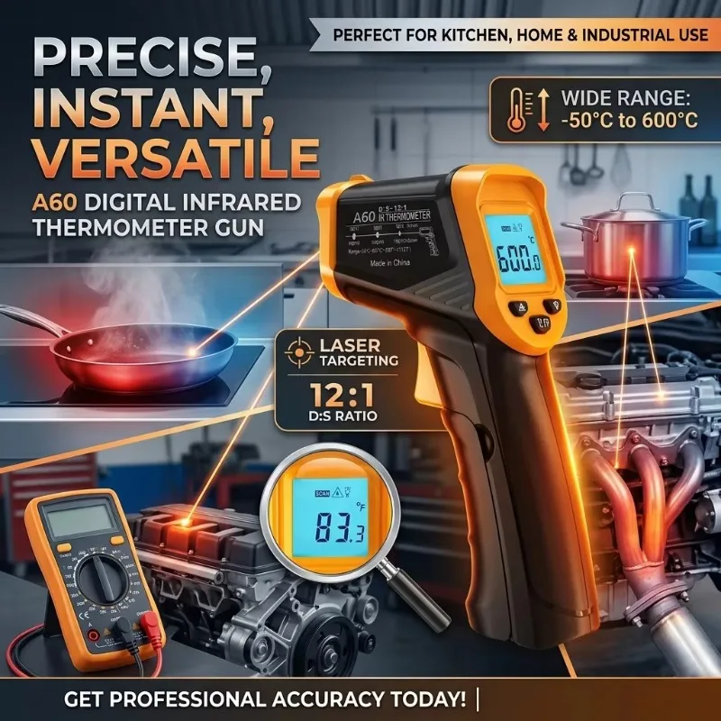 Infrared Thermometer Gun LCD -50 to 600°C Laser A60 Non Contact Accurate Test for Industrial Kitchen Portable Measuring Tool