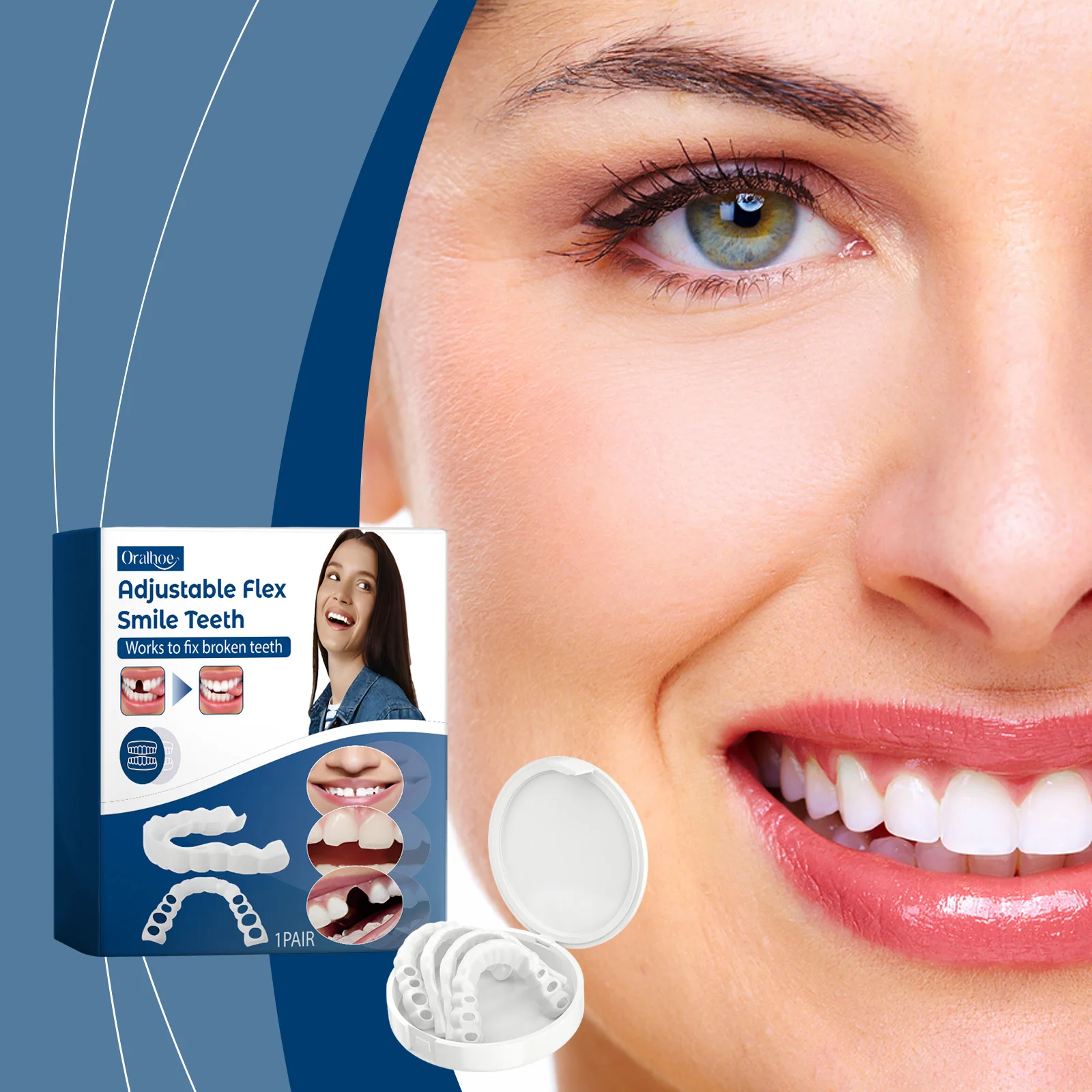 Adjustable Snap-On Dentures, Realistic Dental Veneers, Temporary Dental Repairs, Teeth Alignment and Care