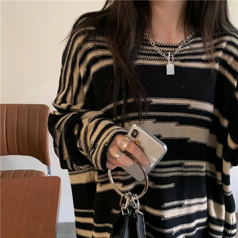 MEXZT Retro Striped Sweaters Women Loose Patchwork Knitted Jumpers Vintage Streetwear Punk Gothic Long Sleeve Oversize Pullover