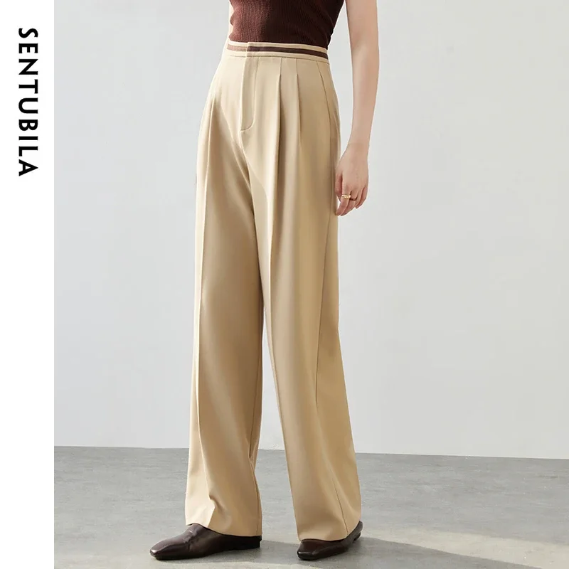 SENTUBILA Patchwork Woven Tape Pants for Women 2024 Autumn Fashion Solid Inverted Pleat High Waist Wide Leg Pants 143K56161