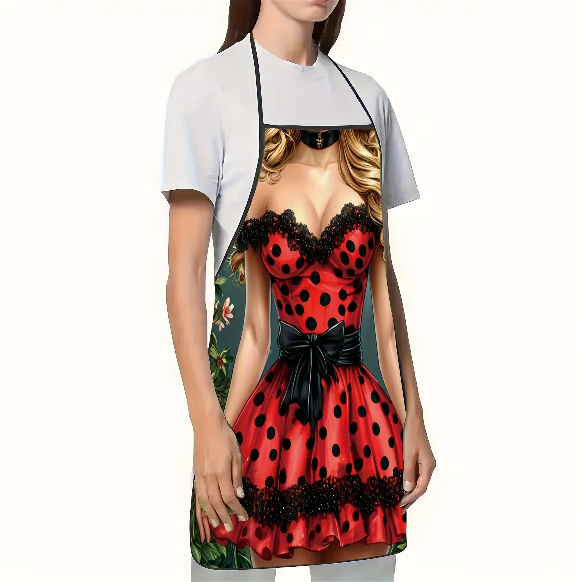 Red Polka Dot Dress Print Apron, Practical & Stain-Resistant, Multi-Purpose Apron for Coffee Bar & Restaurant