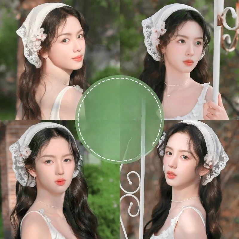 White Lace Triangle Turban Headband 2 in 1 Headwrap 1Pc Breathable Soft Non Slip for Beach Vacation Photography Daily Hair Scarf
