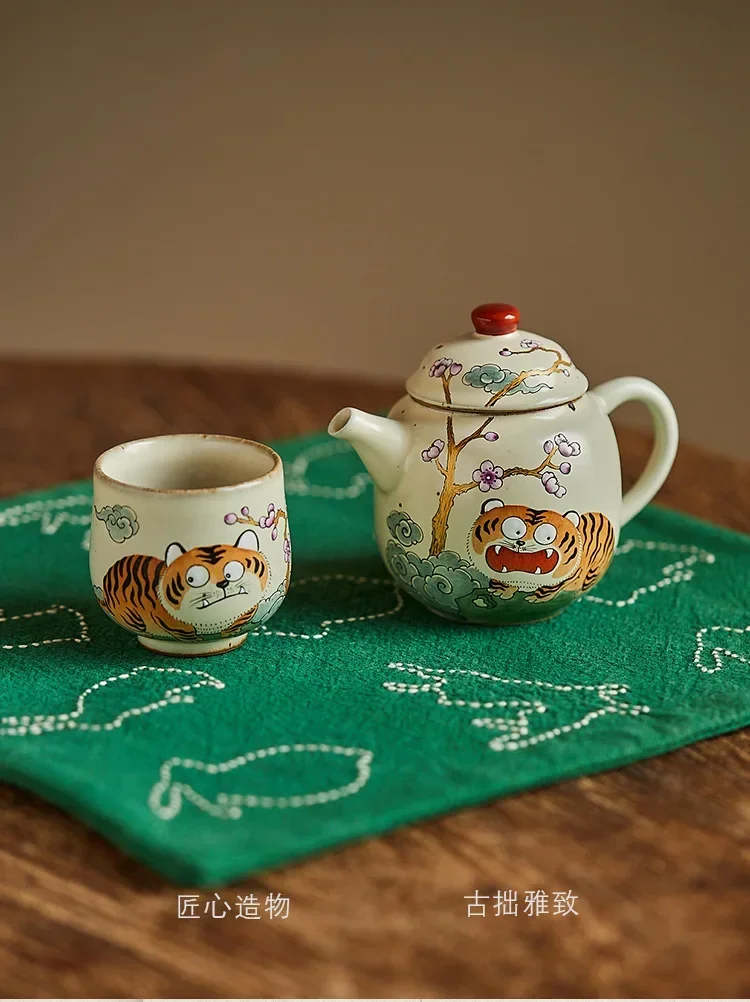 Jingdezhen hand-painted tiger tea set cute cartoon teacup teapot set owner cup national tide tea cup
