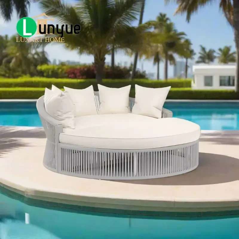 Outdoor Rattan Round Bed Nordic Waterproof Sofa Garden Beach Pool Lounge Chair Hotel Terrace Sunbed Comfortable Outdoor