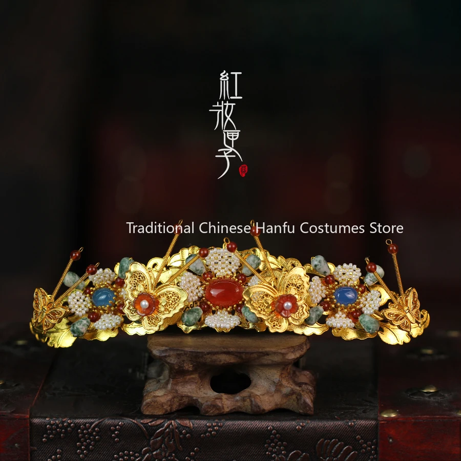 Chinese Traditional Cheongsam Accessories Jewelry Agate Retro Butterfly Gold-plated Wreath Hair Crown Headdress Hanfu Jewelry