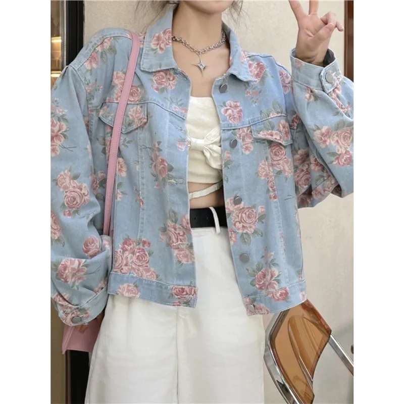 

Single Breasted Washed Women Denim Coat Print Jackets Turn Down Collar Long Sleeve Outerwear Loose Basics Pockets Buttons