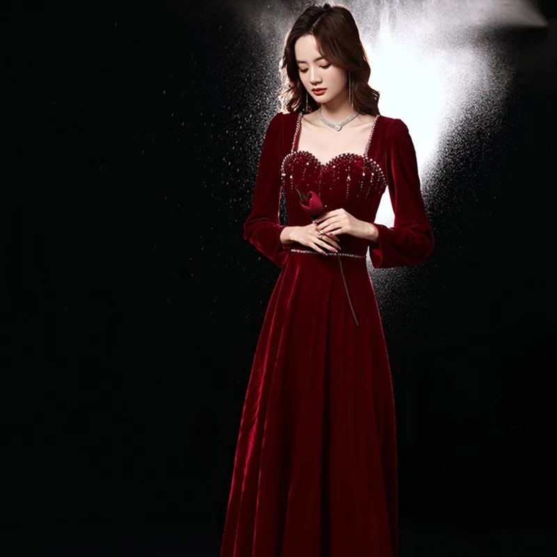 

Elegant Sexy Square Collar Back Banage A-Line Velour Bride Bridesmaid Gowns Party Banquet Female Stage Show Dresses Cheongsam