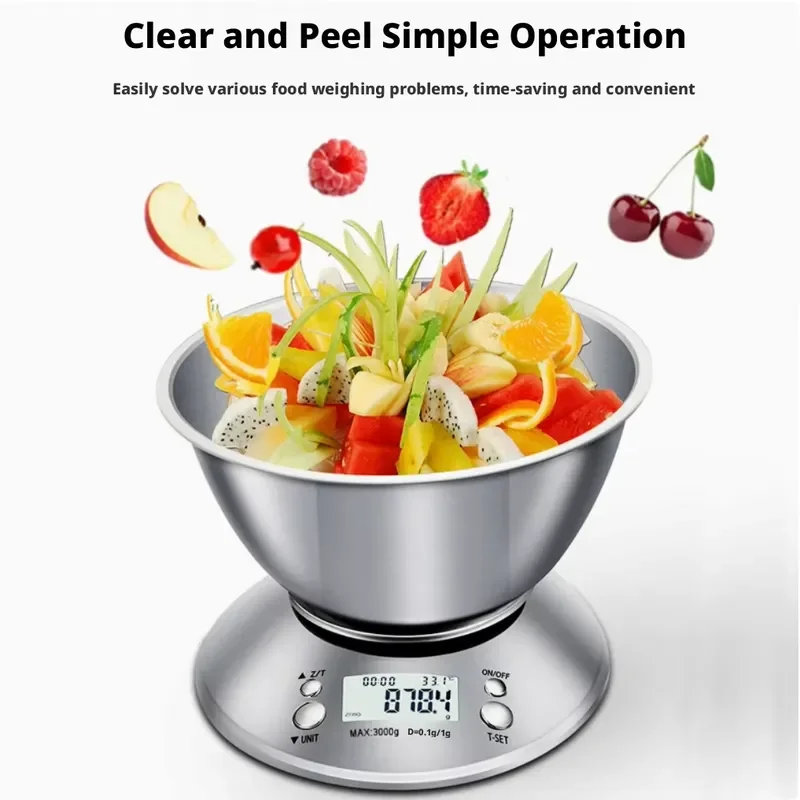 5kg Digital Kitchen Scale Stainless Steel Food Weighing with Bowl Baking Cooking Measure Tool Battery Powered Smart Home