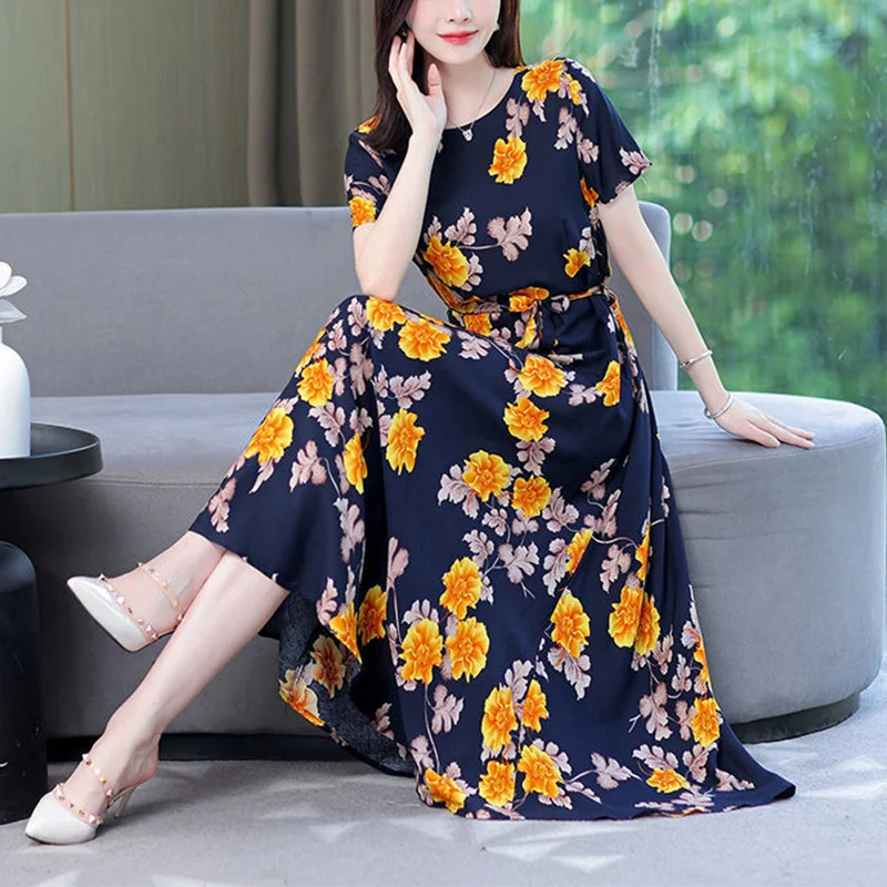 2023 Summer Bohemian Beach Holiday Casual Dress Ladies Short Sleeve Waist Lace Up Long Robe Dresses Women Floral Print Vestidos