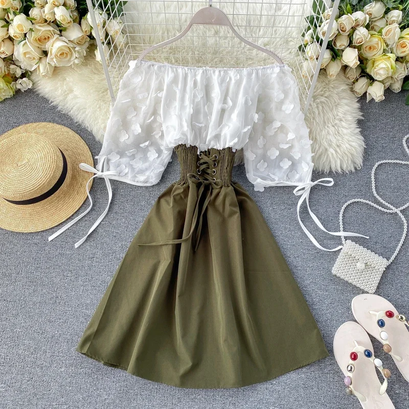

2024 Sexy Off Shoulder Patchwork Summer Short Dress Party Flower Chiffon Slim Waist Lace Up Women Casual A-Line Beach Dress
