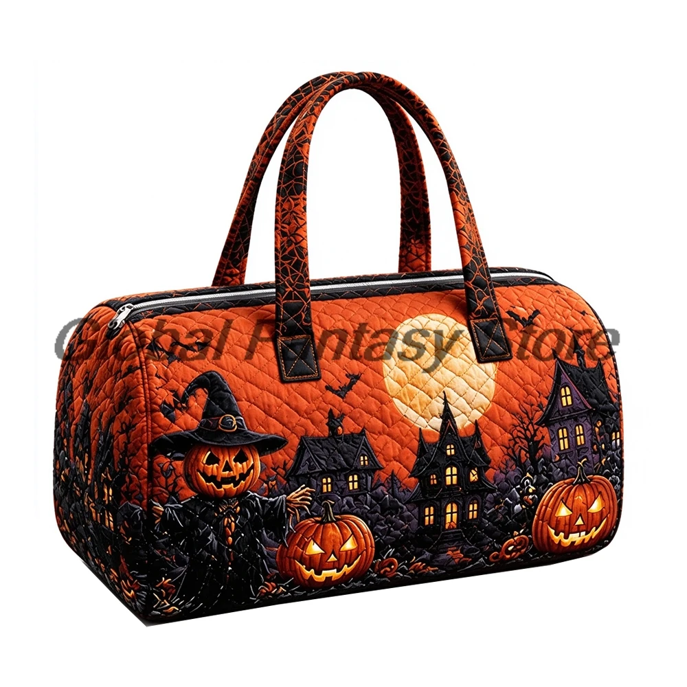 Halloween Gothic Quilted Duffle Bag Pumpkin Skull Ghost Pattern Travel Tote Handbag Women Men Outdoor Weekender Bags