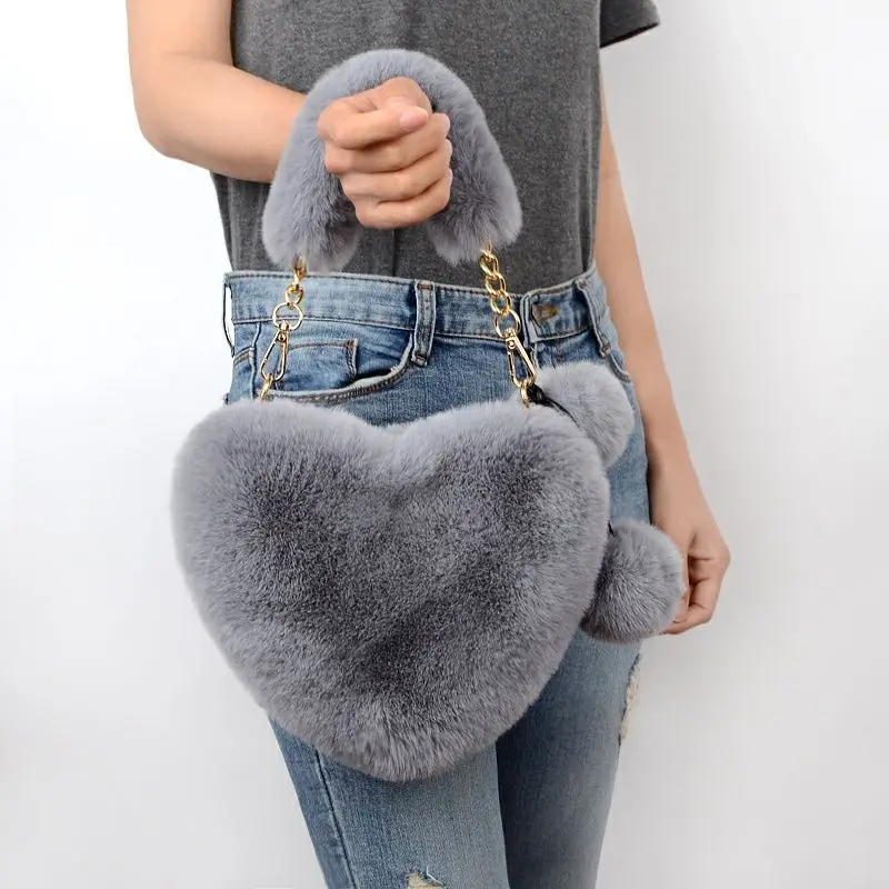 Fashion Female Furry Daily Clutch Purse Faux Fur Heart-shaped Women Small Handbags Fluffy Plush Ladies Chain Shoulder Bag