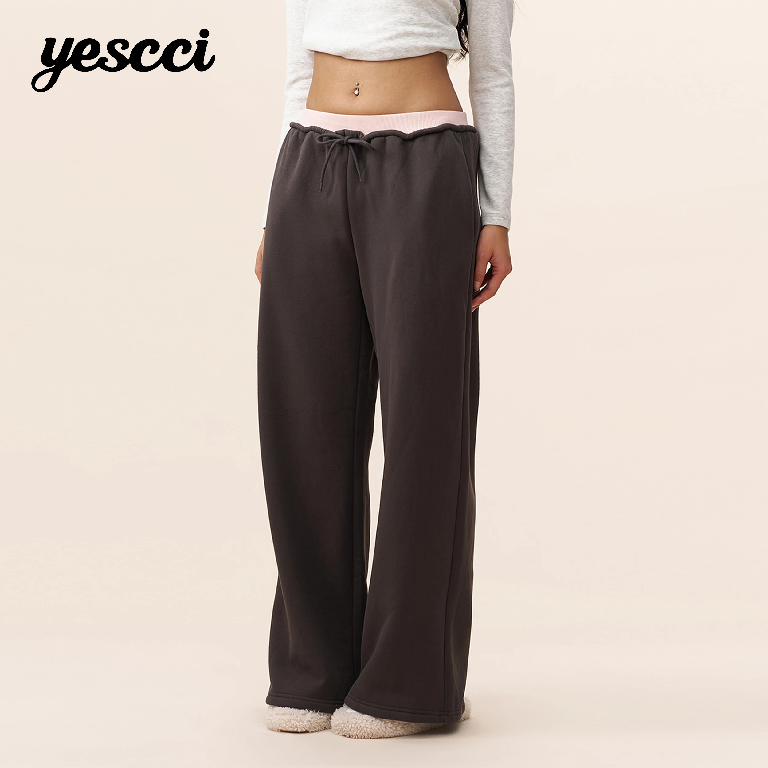 YESCCI Women's Wide Pants Adjustable Contrast Waistband Soft Cotton Blend Versatile Trousers For Woman Daily Clothing S55441203