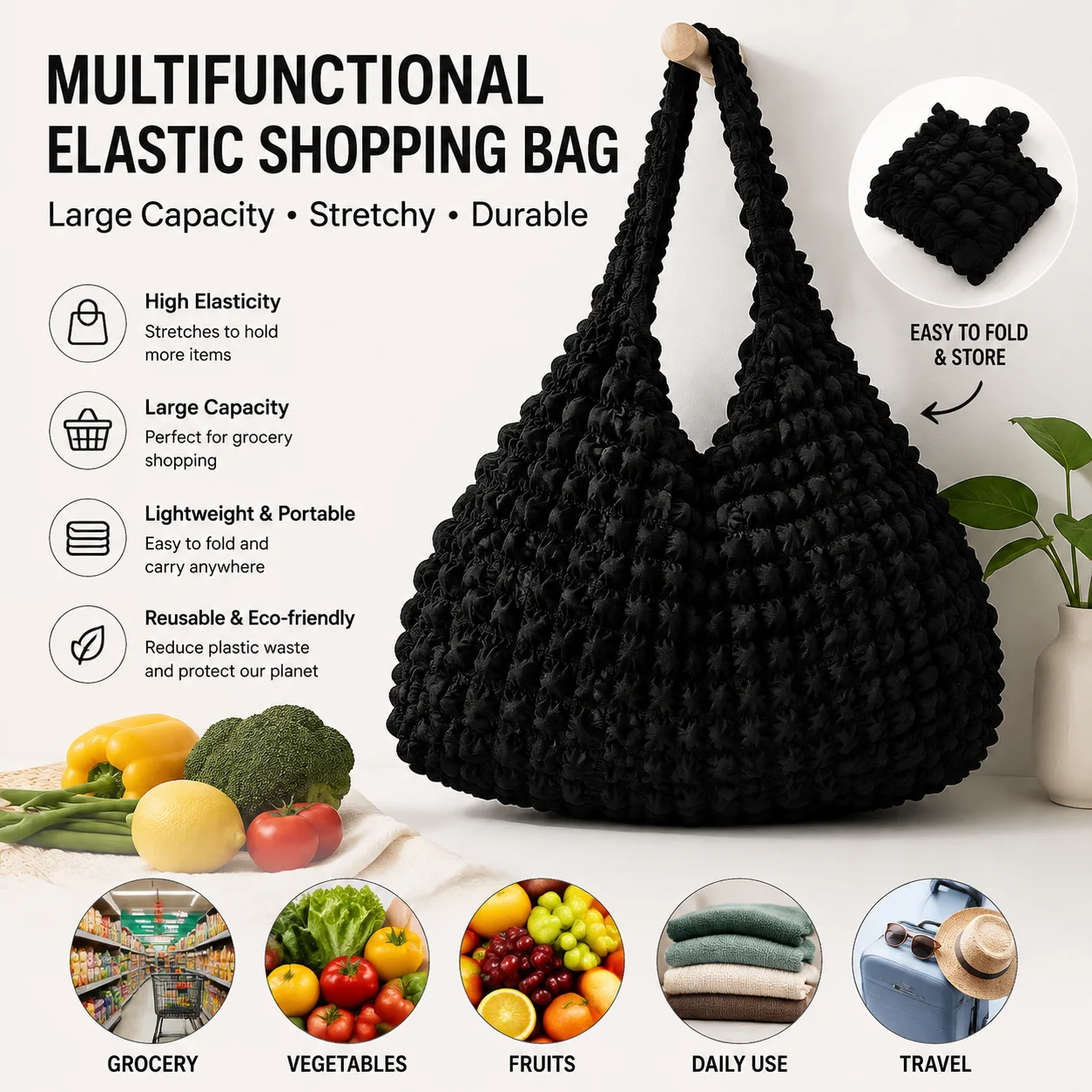 Magic Stretch Shopping Bag, Large Capacity Elastic Wrinkle Bubble Foldable Tote Japanese Korean Style