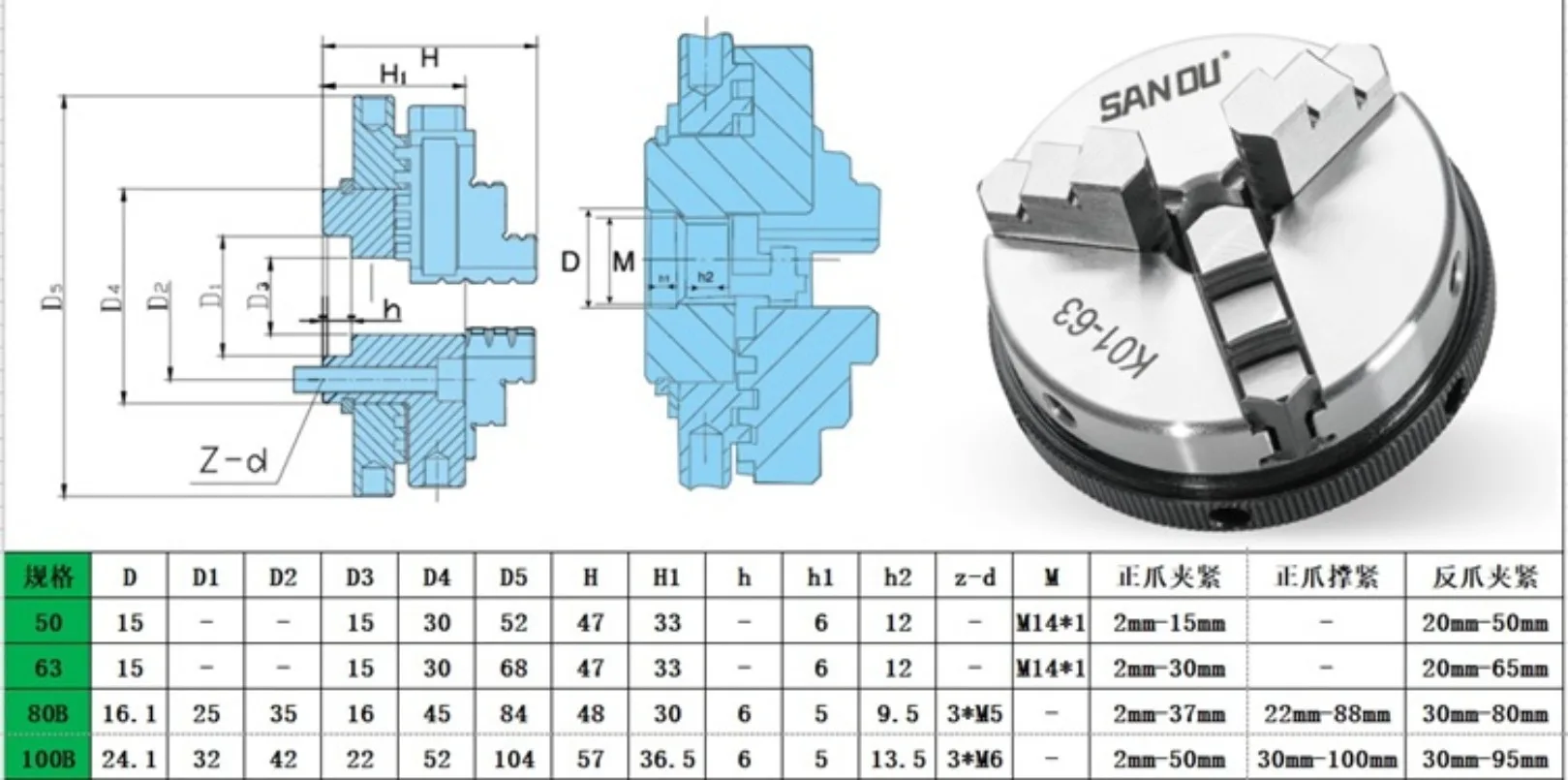 Sanou K01 50 K01-63/80 K02-50 K02-63/80 Lathe Chuck three/four Jaw,M14*1 thread or flange for Mini DIY Wood Lathe Connecting rod