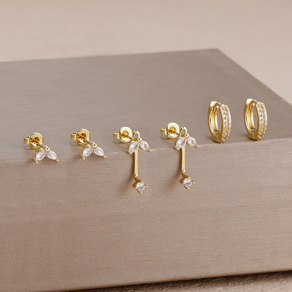 3Pairs 14K Gold Plated Square Crystal Flower Earrings Set for Women Girl Luxury Zircon Cartilage Piercing Ear Stud Girls Jewelry