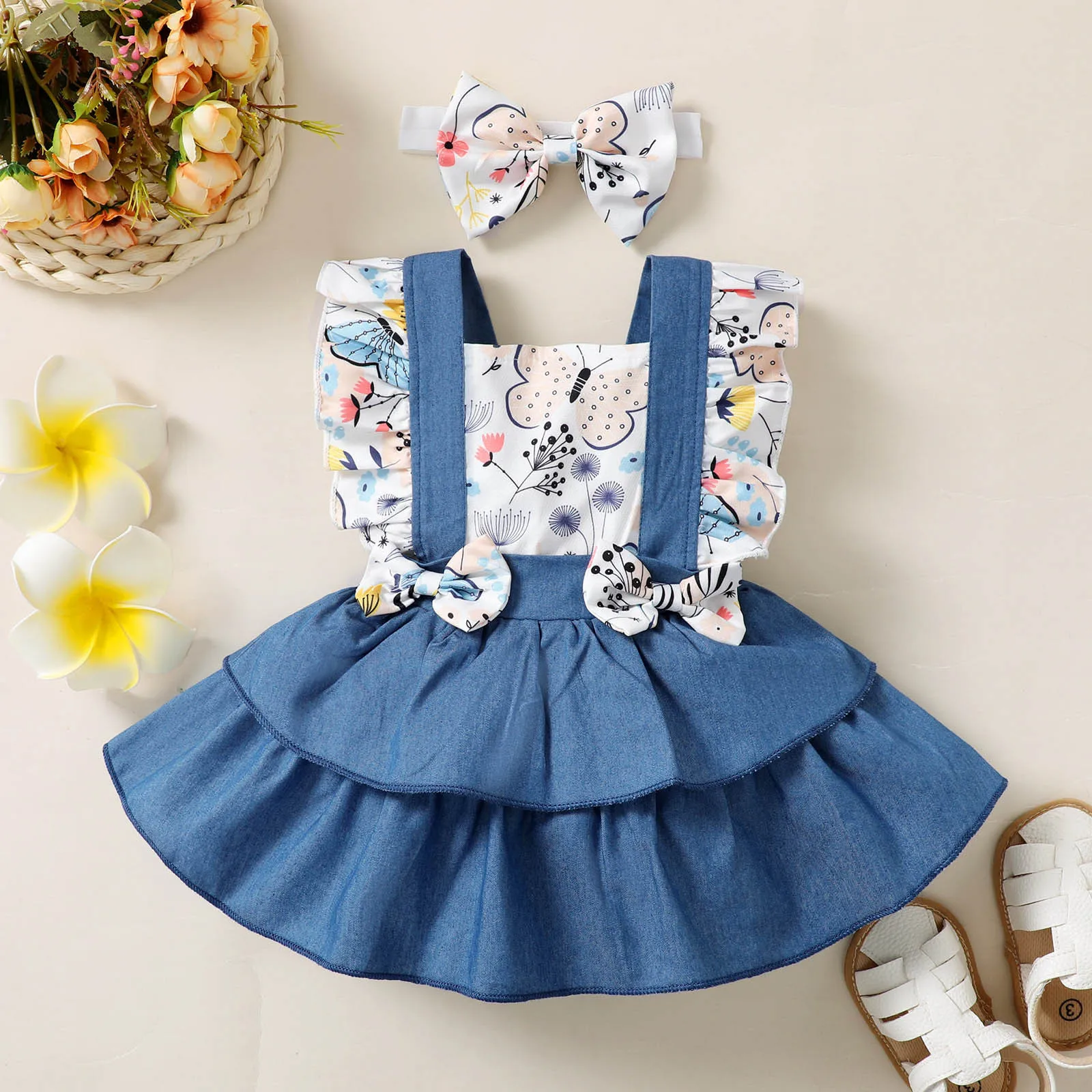 0 to 24 Months Newborn Baby Clothes Sets Girls Summer Dresses Butterfly Printed Bow Party Princess Dresses+Headband Sets Outfits