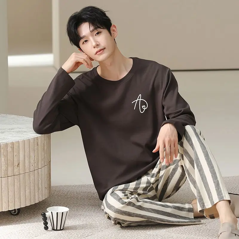 2026 Spring Autumn Long Sleeve 100% Cotton Pajama Sets for Men High Quality Korean Loose Sleepwear Pyjamas Male Homewear Clothes