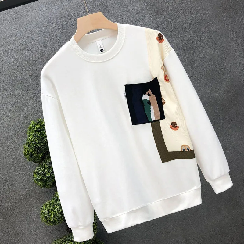 New Spring and Autumn Fashion High Grade Round Neck Collar Collar Combination Fashion Versatile Loose Men's Long Sleeve Sweater