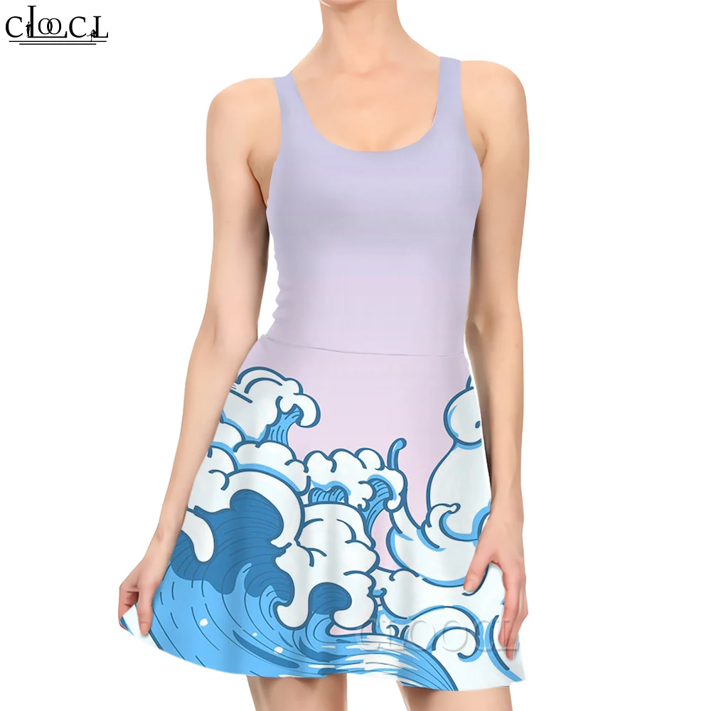 

CLOOCL Elegant Sexy Dress Simple Waves Graphics Printed Female Sleeveless Mini Dress Princess Dress Summer Harajuku Style