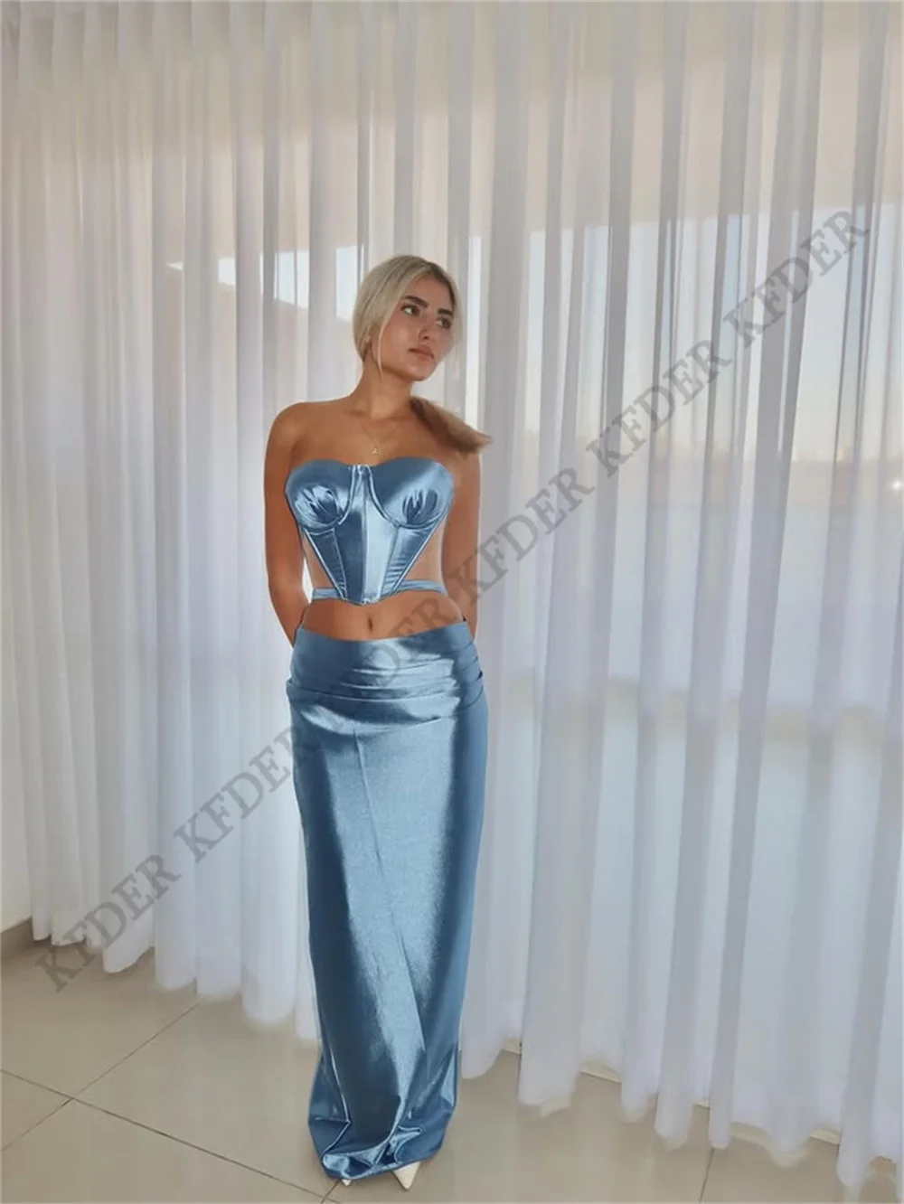 Elegant Sky Blue Satin Sweetheart Formal Evening Gown Dress Pleat Straight Floor-Length Birthday Party Prom Gowns Customzied - view 2