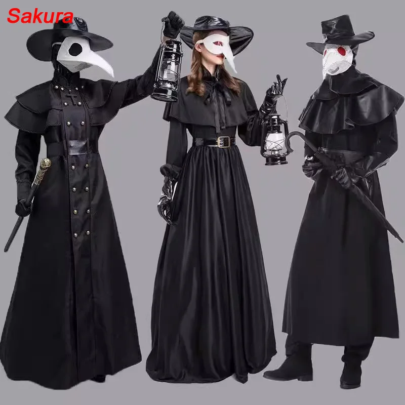 

Halloween Medieval Hooded Robe Plague Doctor Costume Mask Hat for Men Monk Cosplay Steampunk Priest Horror Wizard Cloak Cape 5XL