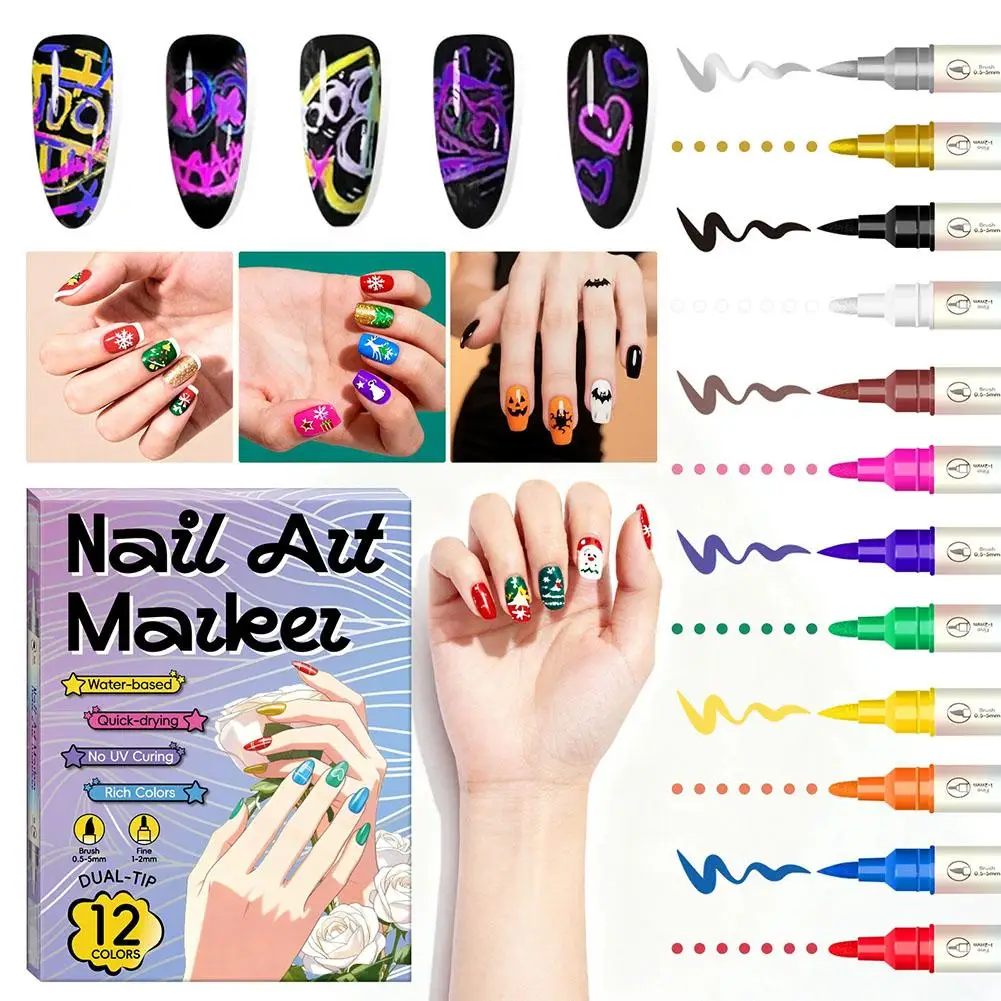 12/24 Colors DIY Nail Art Pens Set,Double-headed Christmas & Halloween Themed Graffiti Dotting Nail Pens Quick Dry Painting Tool