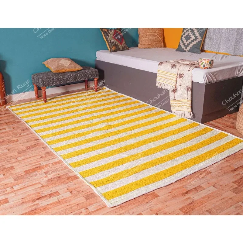 Hand Braided Rectangle Jute Area Rug White Jute Rug with Yellow Striped Line