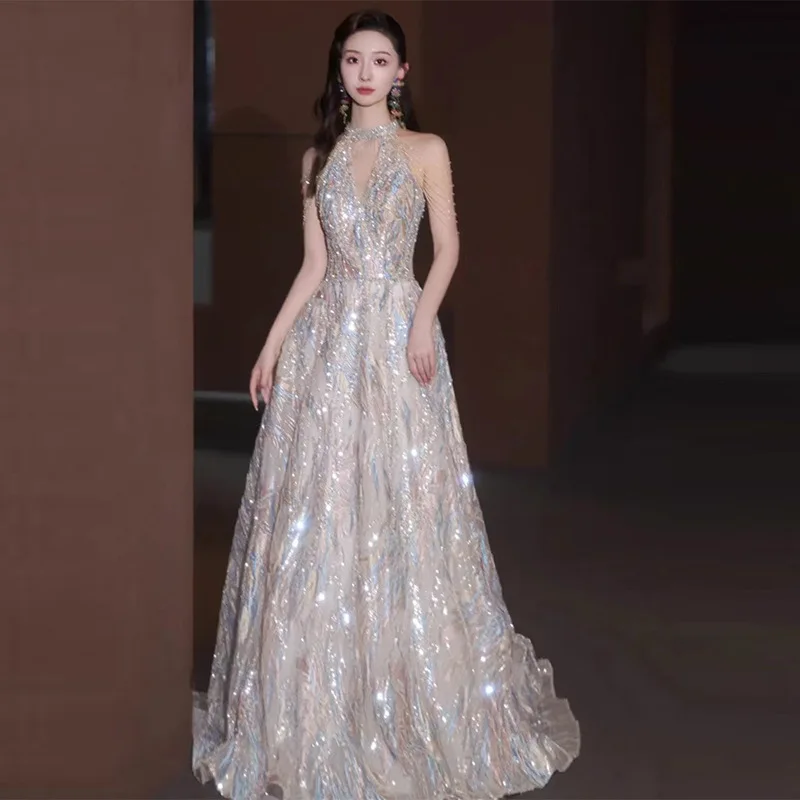 

Ele Heavy Work Evening Gown Ne Hanging Wedding Dr Stage Host Long Dr for Autumn Winter Cany Annual Meeting