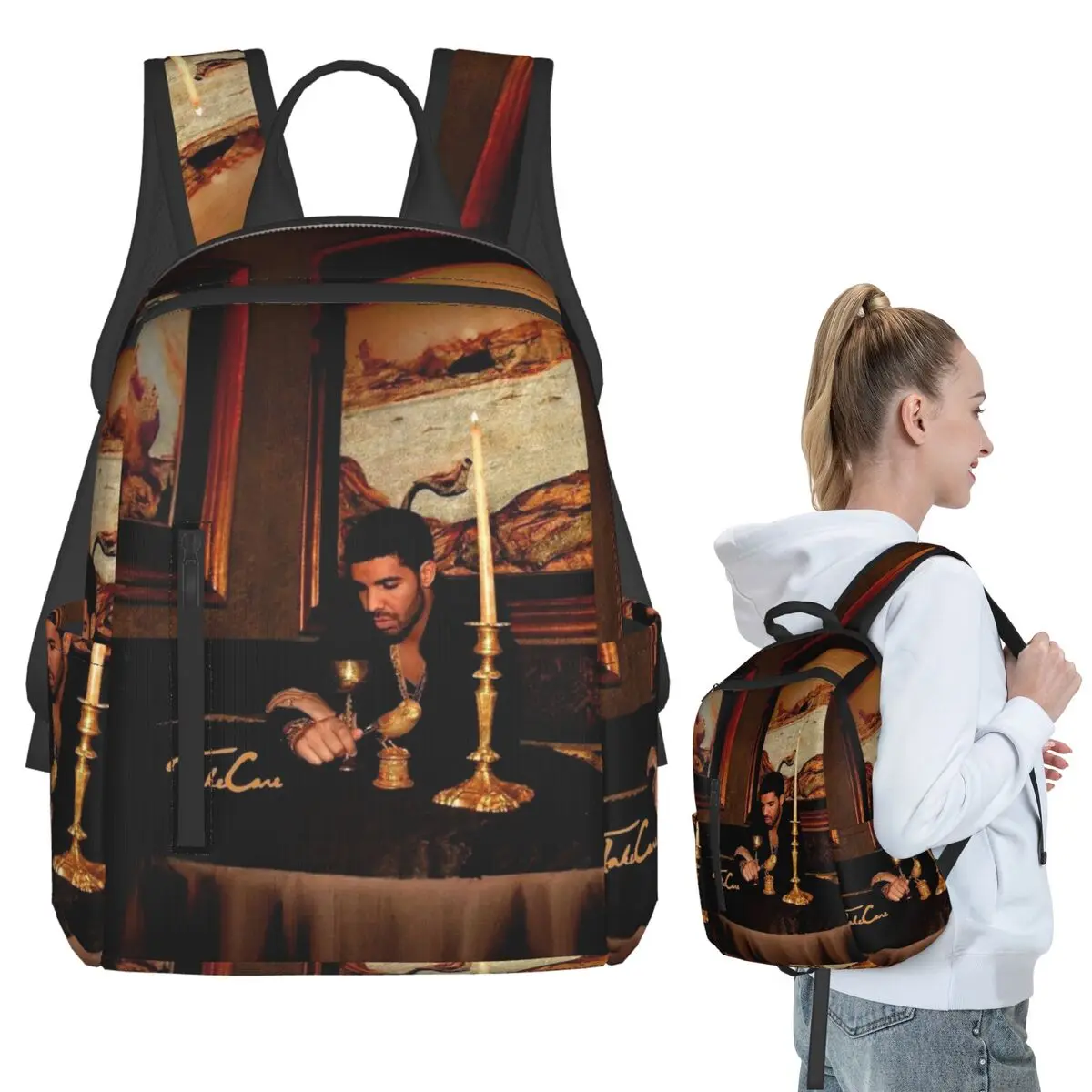 ヒップホップラッパードレイクテイクケアアルバムバックパック学生ブックバッグ子供スクールバッグコンピュータショルダーバッグ男性女性用