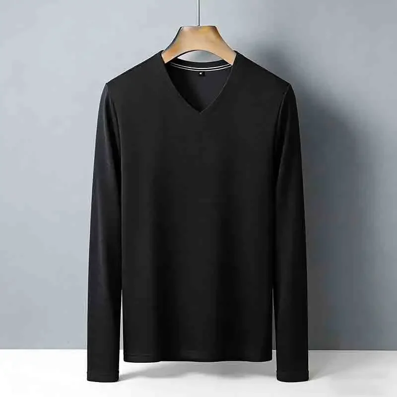 Bruin heren T-shirt met V-hals, lange mouwen, kreukherstellend, makkelijk te onderhouden, ademend, casual top